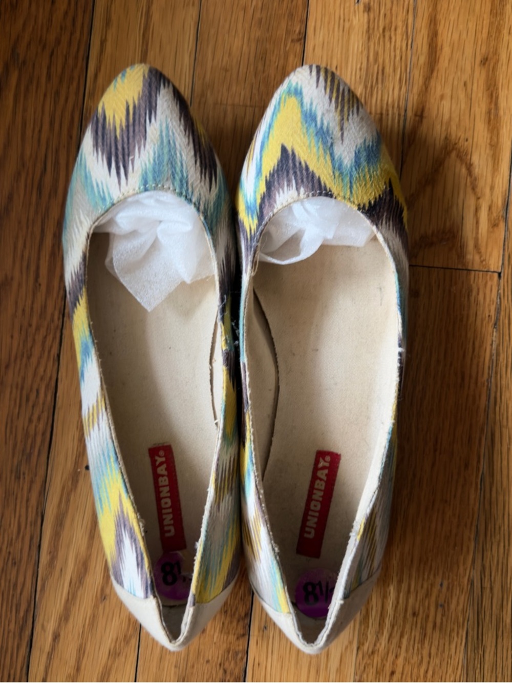 UNIONBAY Pointed Ikat Flats in Yellow, Blue & Brown